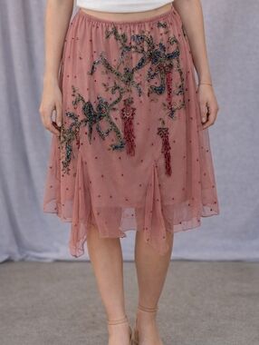 VINTAGE STYLE EMBROIDERED BEADED MESH MIDI SKIRT